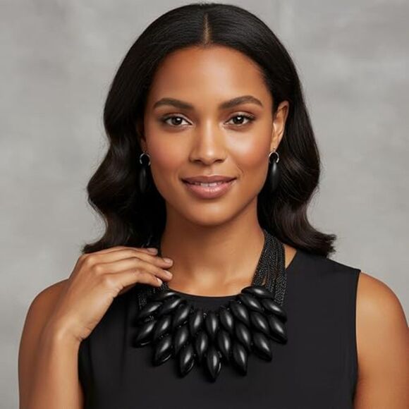 Statement Necklace Set Gold Leaf Design Mesh Chain Matching Drop Earrings Women - Picture 4 of 4